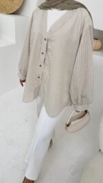 Mizgin Çizgi Gömlek - Vizon - Görsel 6