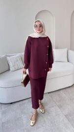 Sole Düğmeli Scuba Takım - Bordo