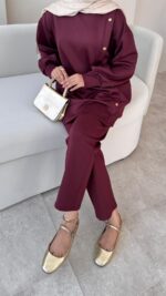 Sole Düğmeli Scuba Takım - Bordo - Görsel 3