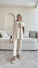 Sole Düğmeli Scuba Takım - Taş - Görsel 4