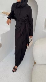 Bağlama Detaylı Keten Elbise - Siyah - Görsel 9