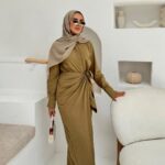 Bağlama Detaylı Keten Elbise - Yağ Yeşili