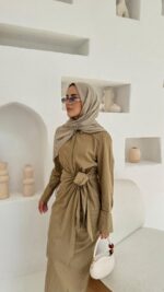 Bağlama Detaylı Keten Elbise - Yağ Yeşili - Görsel 2