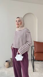 Esen Çizgili Sweat - Mürdüm