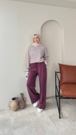 Esen Çizgili Sweat - Mürdüm - Görsel 2