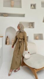 Bağlama Detaylı Keten Elbise - Yağ Yeşili - Görsel 5