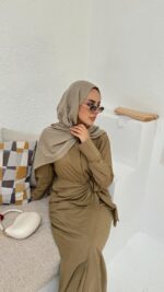 Bağlama Detaylı Keten Elbise - Yağ Yeşili - Görsel 8