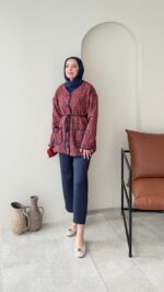 Etnik Düğmeli Ceket - Bordo - Görsel 2