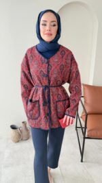 Etnik Düğmeli Ceket - Bordo - Görsel 4