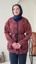 Etnik Düğmeli Ceket - Bordo - Görsel 6