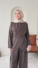 Derne İpek Qupra Takım - Kahverengi - Görsel 4