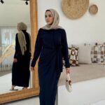 Bağlama Detaylı Keten Elbise - Lacivert