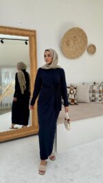 Bağlama Detaylı Keten Elbise - Lacivert