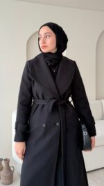 Hira Şal Yaka Premium Kaşe Kaban - Siyah - Görsel 3