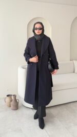 Hira Şal Yaka Premium Kaşe Kaban - Lacivert