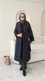 Hira Şal Yaka Premium Kaşe Kaban - Lacivert