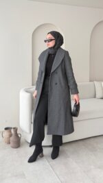 Hira Şal Yaka Premium Kaşe Kaban - Antrasit - Görsel 2