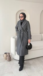 Hira Şal Yaka Premium Kaşe Kaban - Antrasit - Görsel 4