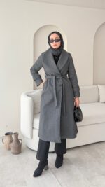 Hira Şal Yaka Premium Kaşe Kaban - Antrasit - Görsel 6