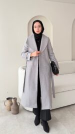 Hira Şal Yaka Premium Kaşe Kaban - Gri - Görsel 2