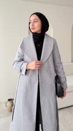Hira Şal Yaka Premium Kaşe Kaban - Gri - Görsel 4