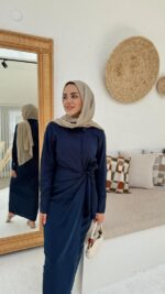 Bağlama Detaylı Keten Elbise - Lacivert - Görsel 2