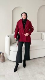 Rosi Kaşe Kaban - Bordo - Görsel 9