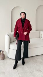 Rosi Kaşe Kaban - Bordo - Görsel 9