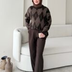 Baklava Desen Triko Kazak - Kahverengi