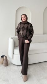 Baklava Desen Triko Kazak - Kahverengi