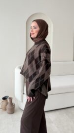 Baklava Desen Triko Kazak - Kahverengi - Görsel 2