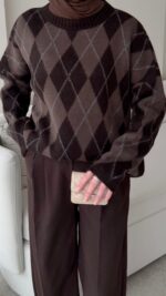 Baklava Desen Triko Kazak - Kahverengi - Görsel 6