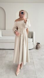 Lovra Bağlamalı Scuba Elbise - Taş - Görsel 4