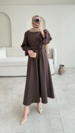 Lovra Bağlamalı Scuba Elbise - Kahverengi - Görsel 5