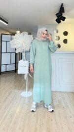 Fermuarlı Triko Elbise - Mint Yeşil