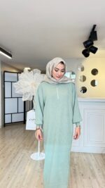 Fermuarlı Triko Elbise - Mint Yeşil - Görsel 2