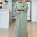 Balonkol Triko Elbise - Mint Yeşil