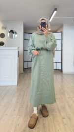 Balonkol Triko Elbise - Mint Yeşil