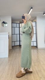 Balonkol Triko Elbise - Mint Yeşil - Görsel 2