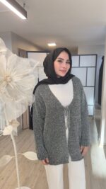 Bağlamalı Parlak Hırka - Gri - Görsel 2