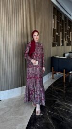 Otantik Pamuk Saten Elbise - Kırmızı