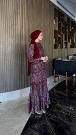 Otantik Pamuk Saten Elbise - Kırmızı - Görsel 3