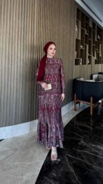 Otantik Pamuk Saten Elbise - Kırmızı - Görsel 4