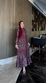 Otantik Pamuk Saten Elbise - Kırmızı - Görsel 5