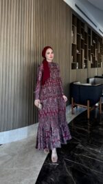 Otantik Pamuk Saten Elbise - Kırmızı - Görsel 5