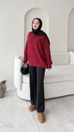 Furpa Düğmeli Kazak - Bordo - Görsel 2