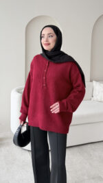 Furpa Düğmeli Kazak - Bordo - Görsel 3