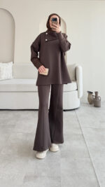 Kasi Şal Yaka Scuba Takım - Kahverengi - Görsel 6