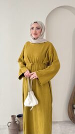 Triko Fitilli Elbise - Hardal - Görsel 5