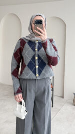 Baklava Desen Triko Hırka - Antrasit - Görsel 5